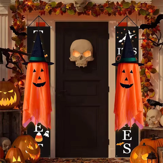 1pc Halloween Decorations for Home, Pre-Installed Orange Pumpkins Wizard Hat Outdoor Fall Decor, Hanging Pumpkin Witch H