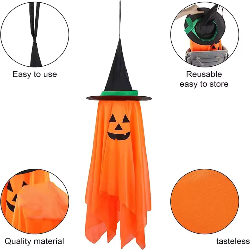 1pc Halloween Decorations for Home, Pre-Installed Orange Pumpkins Wizard Hat Outdoor Fall Decor, Hanging Pumpkin Witch H