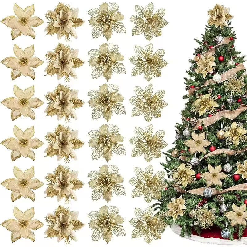 8/16Pcs Christmas Decoration Glitter Artifical Flowers Christmas Tree Decorations for Home Decor Xmas Ornaments New Year Decor