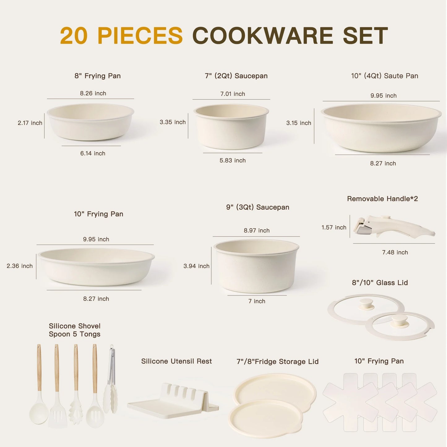 Astercook 20 Piece Ceramic Pots and Pans Set Non Stick, Cookware Set with Detachable Handle, Oven Safe, Induction Ready, Stackable RV Kitchen Cooking Set Removable Handles, Cream White